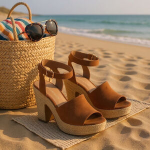 Sun & Stone Micro Suede Cognac Brown Retro Espadrille Platform Sandals 10 M